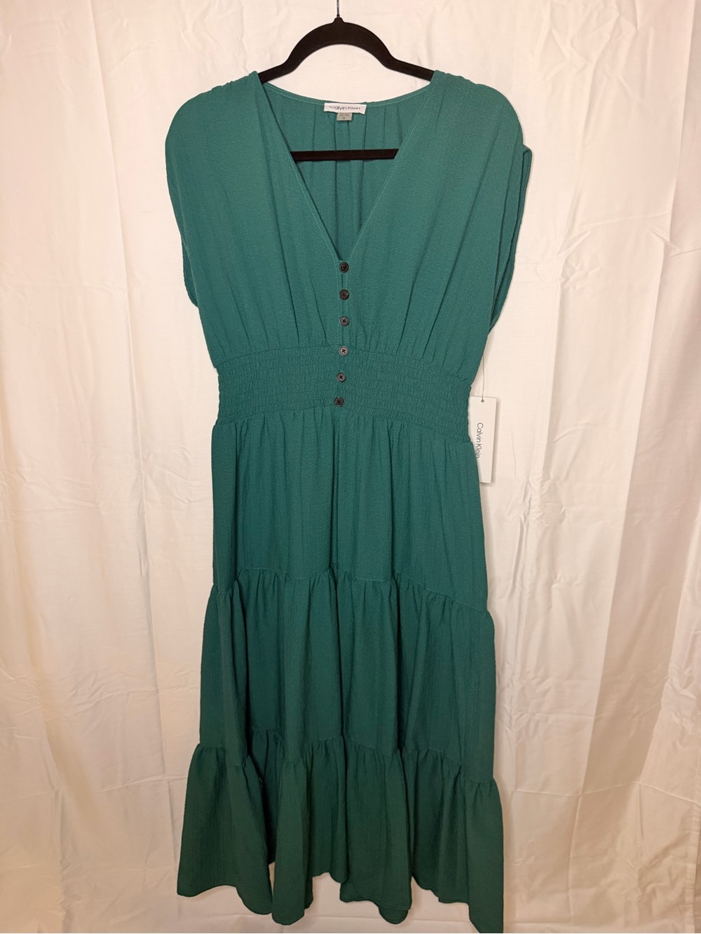 Calvin Klein Teal V-Neck Tiered Midi Dress